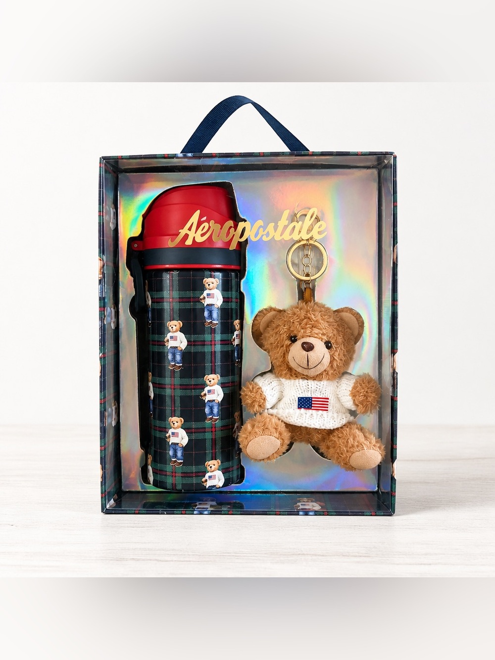Aeropostale Teddy Bear Tumbler & Plush Keychain Gift Set New